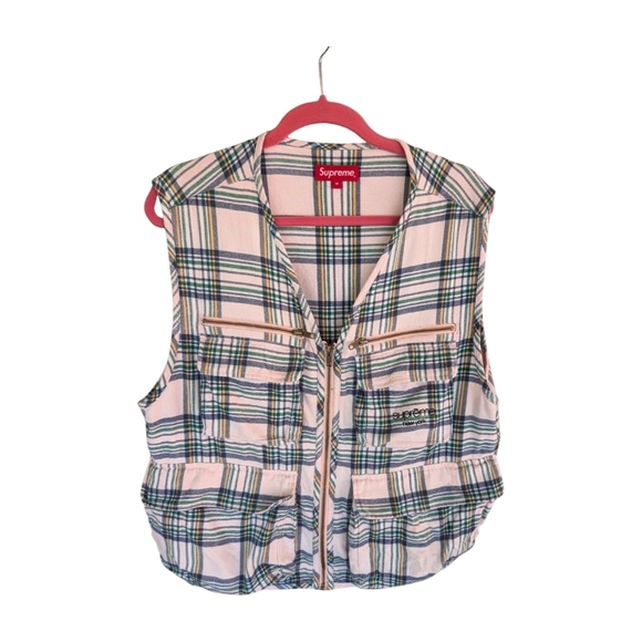 SUPREME Pink Tartan Plaid Flannel Cargo Vest Size Medium - Picture 3 of 10